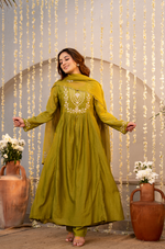 Olive Chanderi Embroidered Suit Set