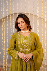 Olive Chanderi Embroidered Suit Set