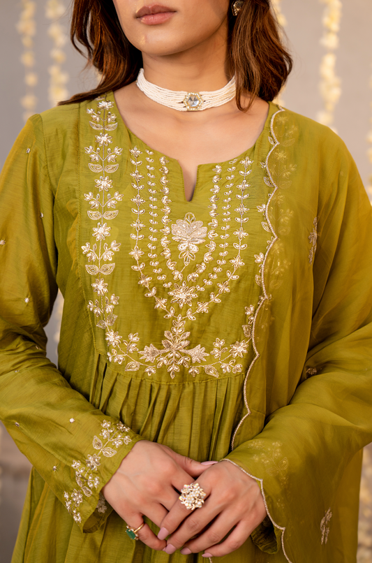 Olive Chanderi Embroidered Suit Set