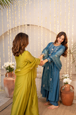 Teal Blue Chanderi Embroidered Suit Set