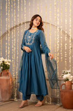 Teal Blue Chanderi Embroidered Suit Set