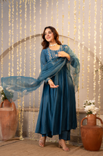 Teal Blue Chanderi Embroidered Suit Set