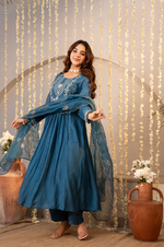 Teal Blue Chanderi Embroidered Suit Set
