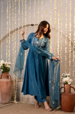 Teal Blue Chanderi Embroidered Suit Set