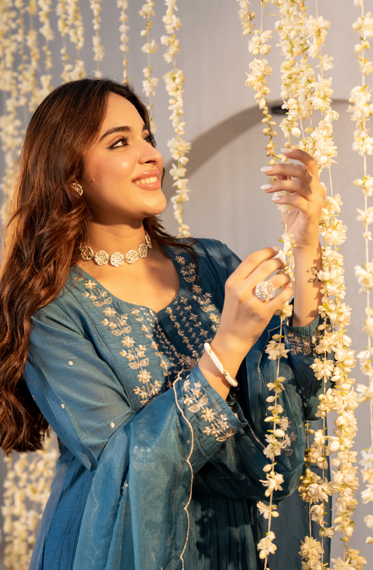 Teal Blue Chanderi Embroidered Suit Set