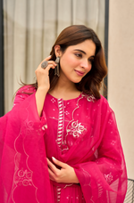 Rose Cotton  Printed & Embroidered Kurta Pant With Organza Dupatta