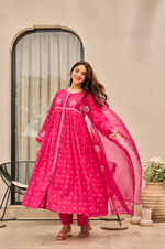 Rose Cotton  Printed & Embroidered Kurta Pant With Organza Dupatta