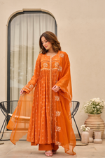Rose Cotton  Printed & Embroidered Kurta Pant With Organza Dupatta