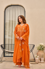 Rose Cotton  Printed & Embroidered Kurta Pant With Organza Dupatta