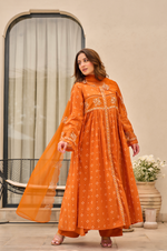 Rose Cotton  Printed & Embroidered Kurta Pant With Organza Dupatta