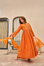 Rose Cotton  Printed & Embroidered Kurta Pant With Organza Dupatta