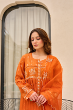 Rose Cotton  Printed & Embroidered Kurta Pant With Organza Dupatta