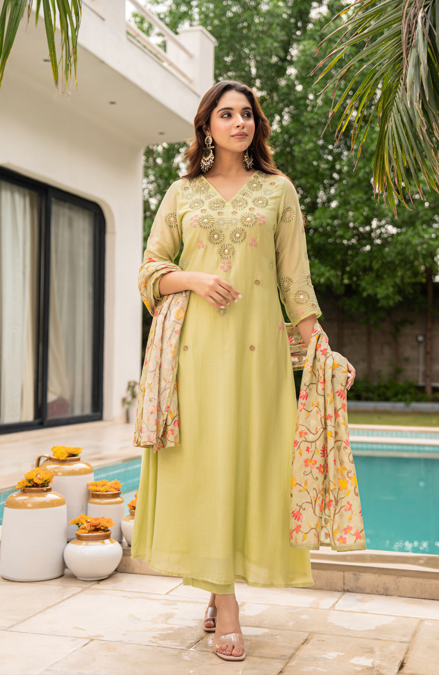 Lime Sun Silk Embroidered Suit Set