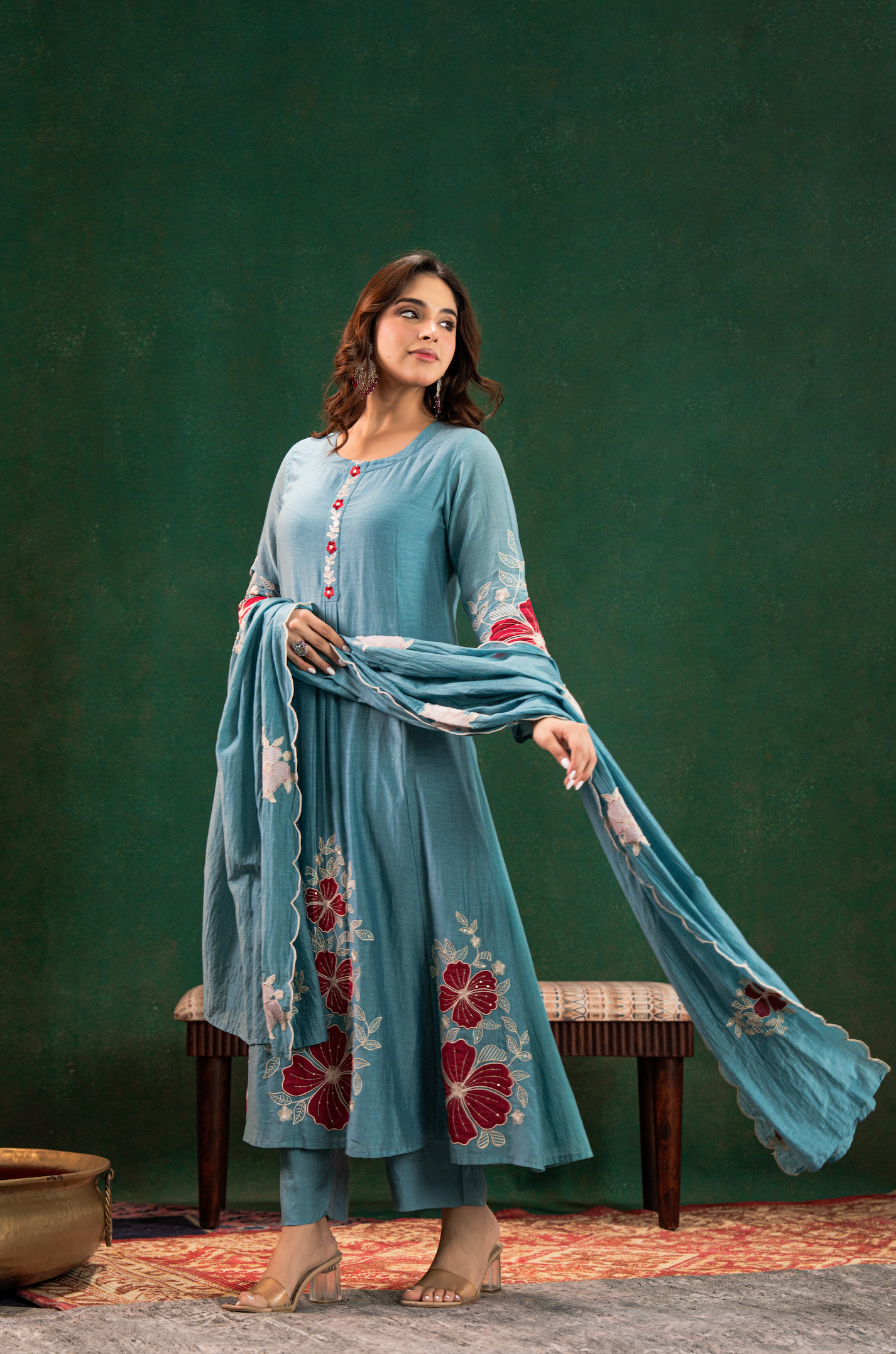 Aqua Floral Mul Chanderi Suit Set
