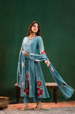 Aqua Floral Mul Chanderi Suit Set