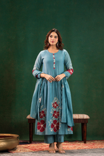 Aqua Floral Mul Chanderi Suit Set