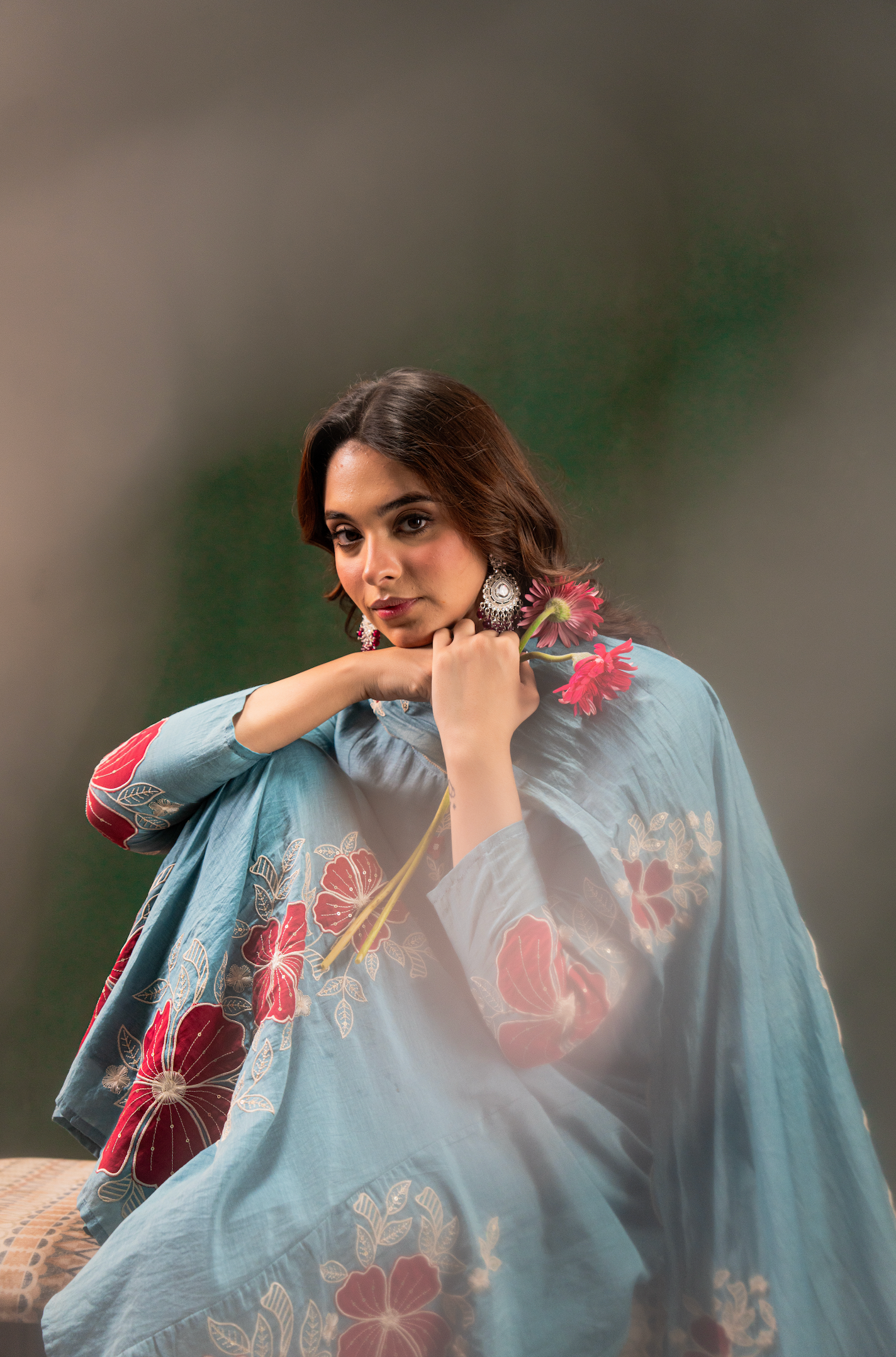 Aqua Floral Mul Chanderi Suit Set