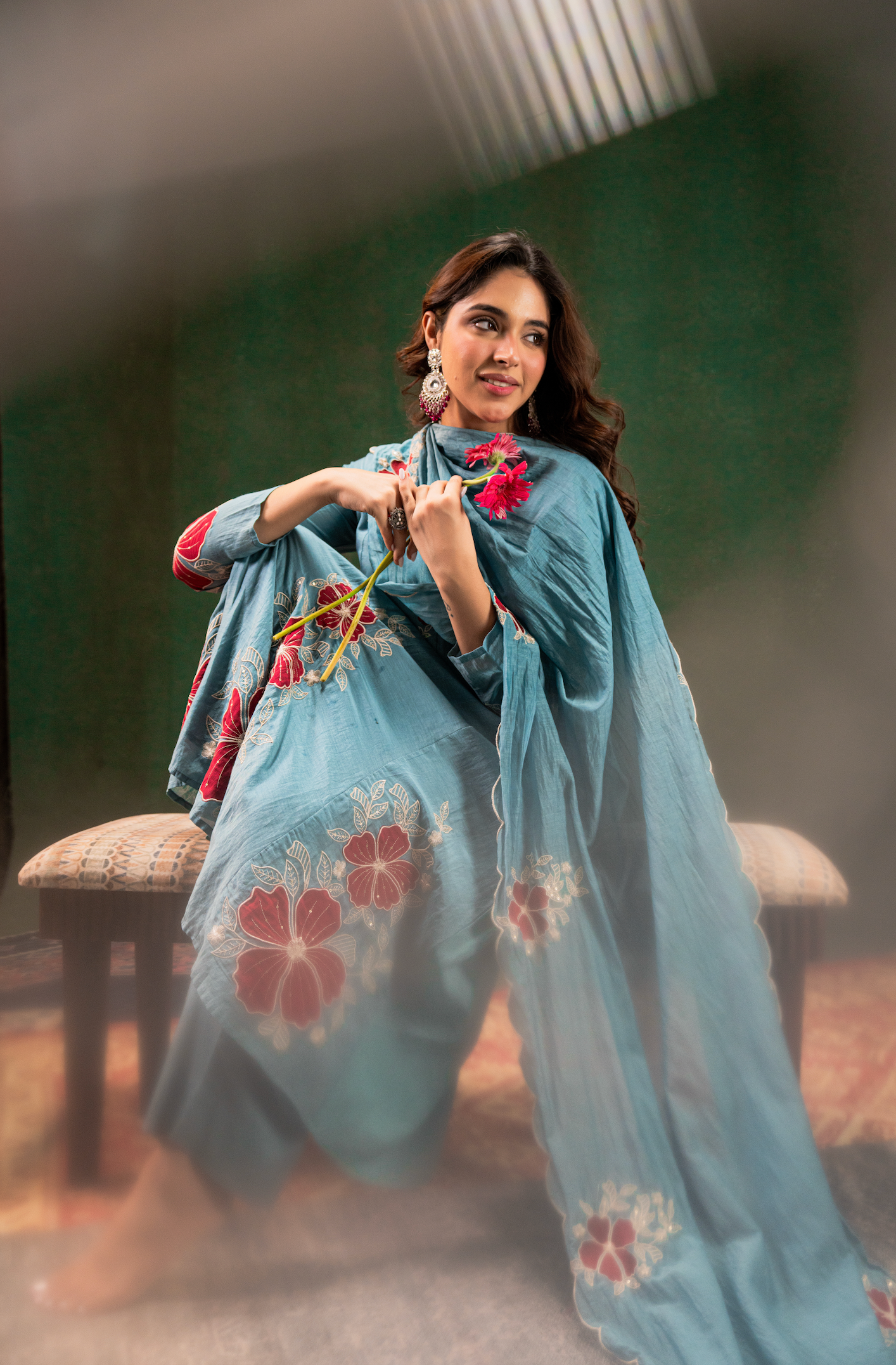Aqua Floral Mul Chanderi Suit Set