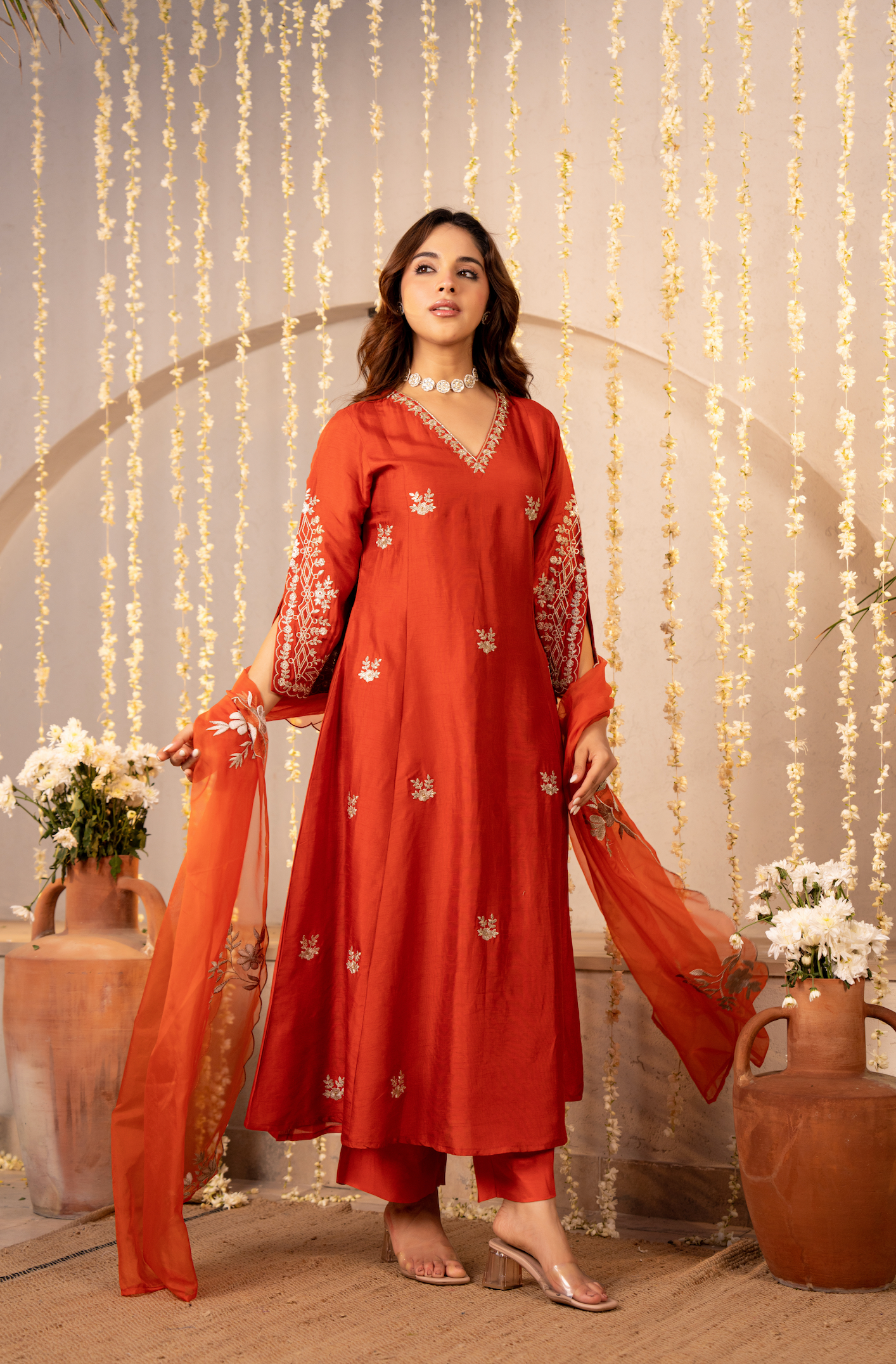 Tangerine Russian Silk Festive Suit Set