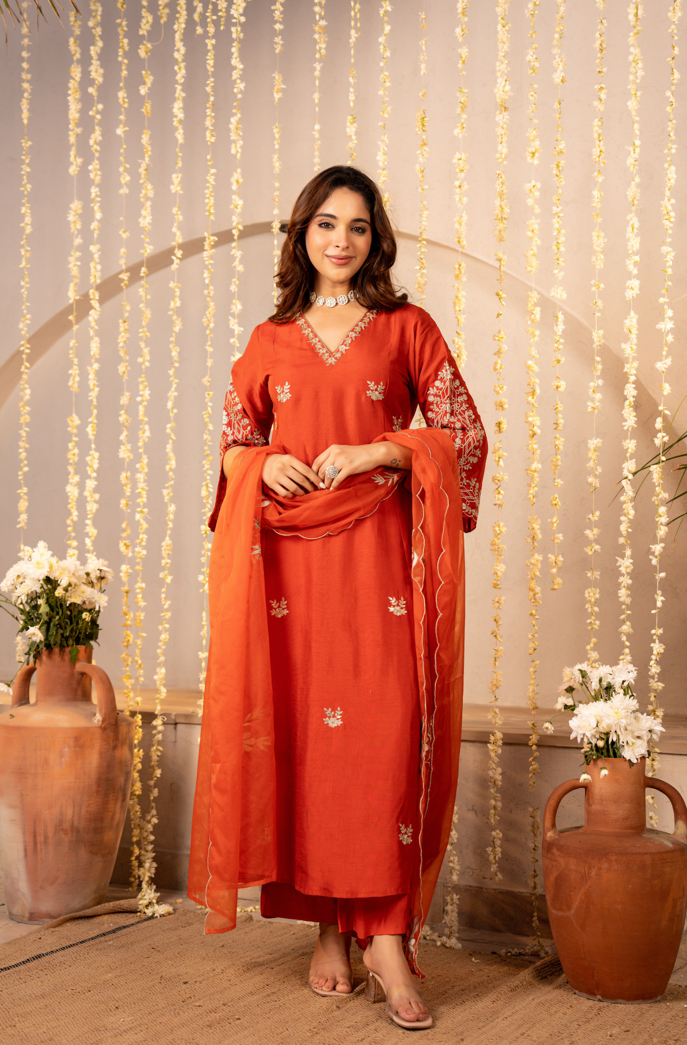 Tangerine Russian Silk Festive Suit Set