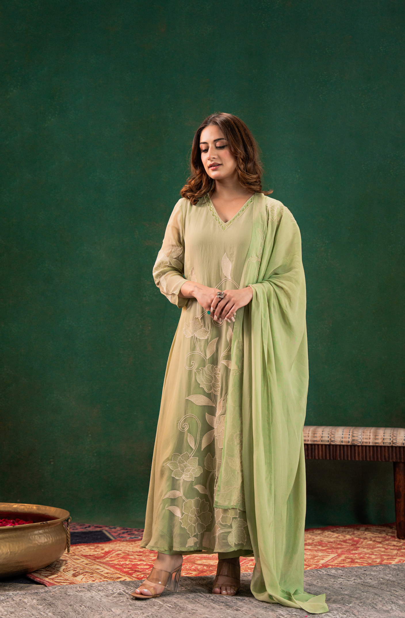 Pistachio Embroidered Silk Suit Set
