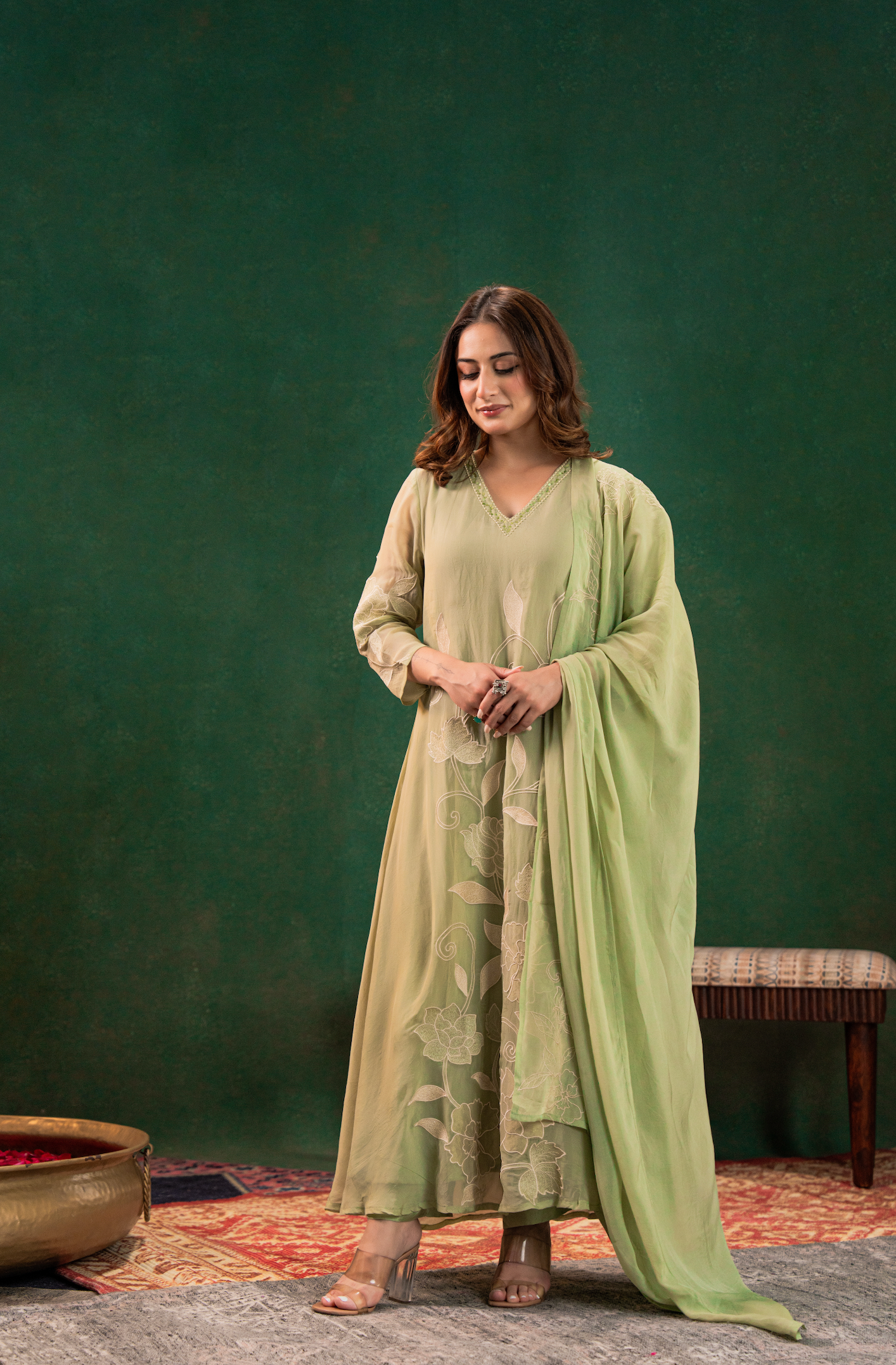 Pistachio Embroidered Silk Suit Set