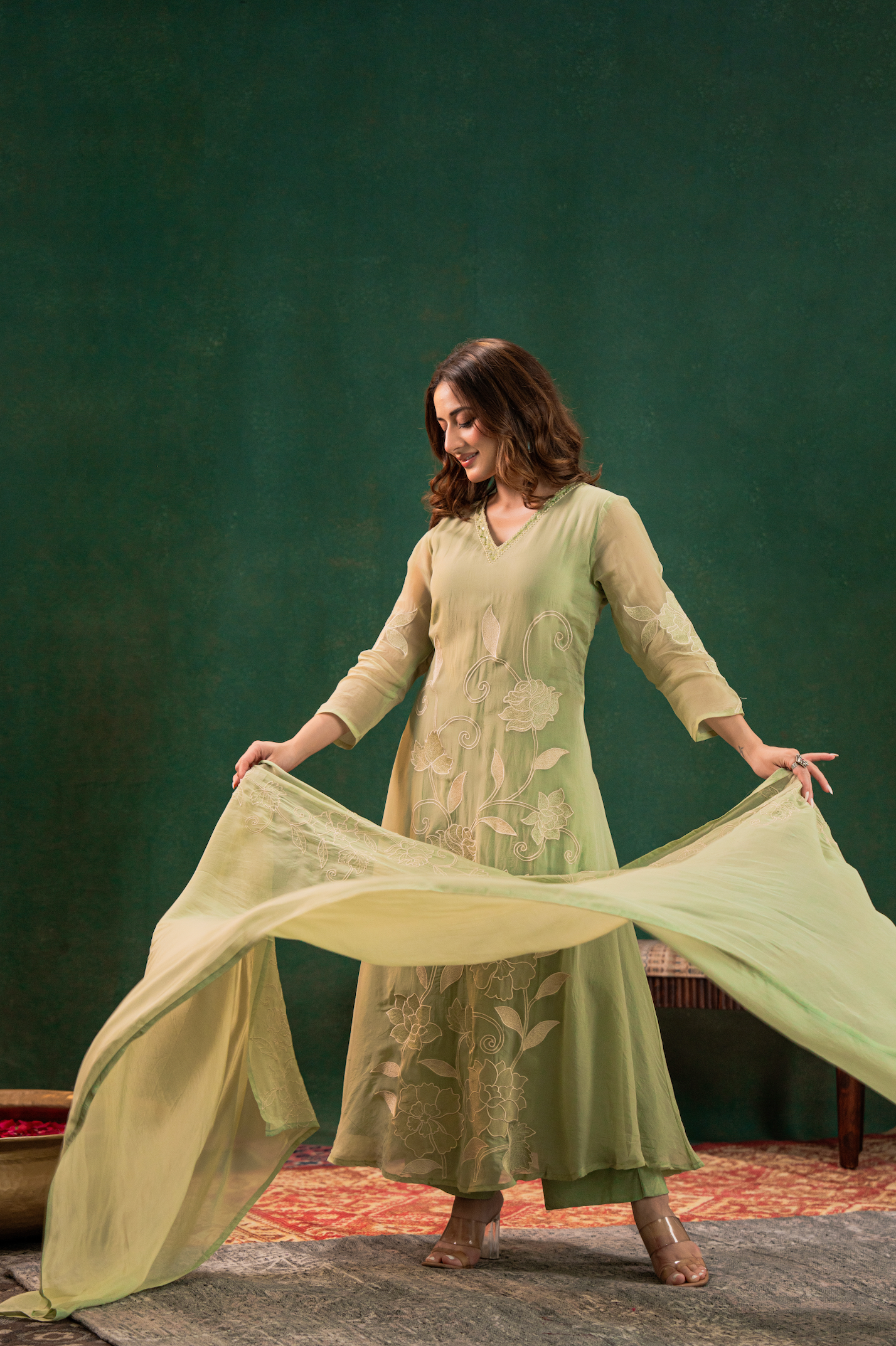 Pistachio Embroidered Silk Suit Set