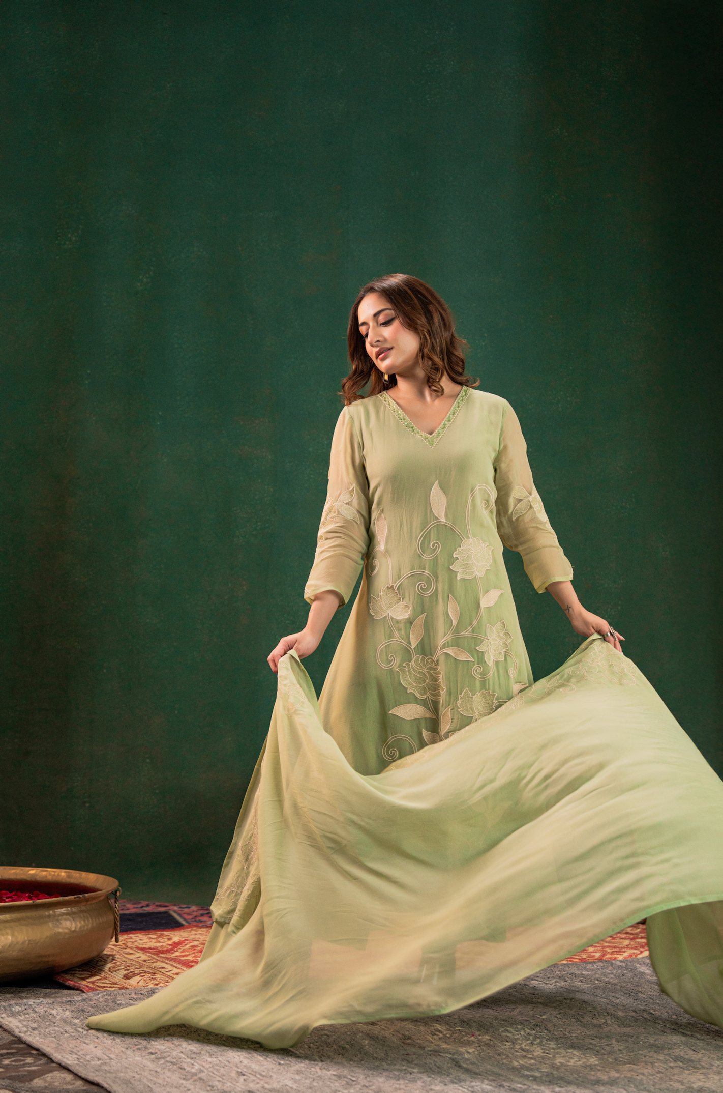 Pistachio Embroidered Silk Suit Set