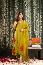 Olive Crush Chanderi Embroidered Applique Work Suit Set