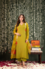 Olive Crush Chanderi Embroidered Applique Work Suit Set