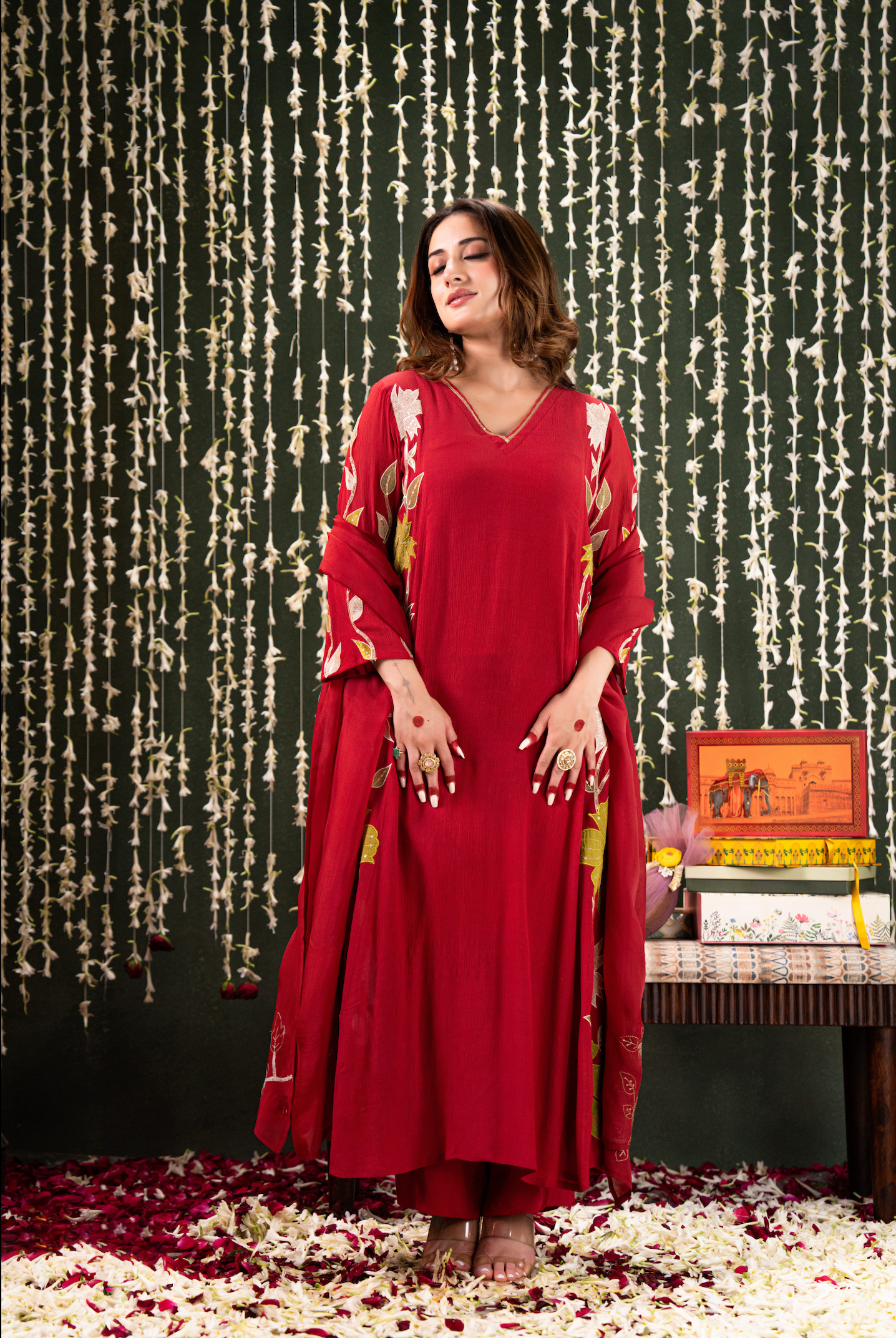 Ruby Crush Chanderi Embroidered Applique Work Suit Set