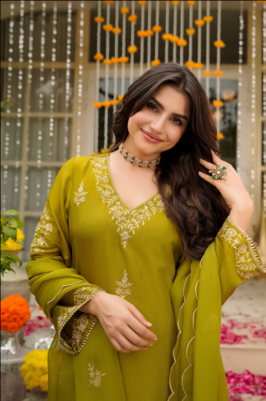 Olive Pure Russian Silk Suit Set