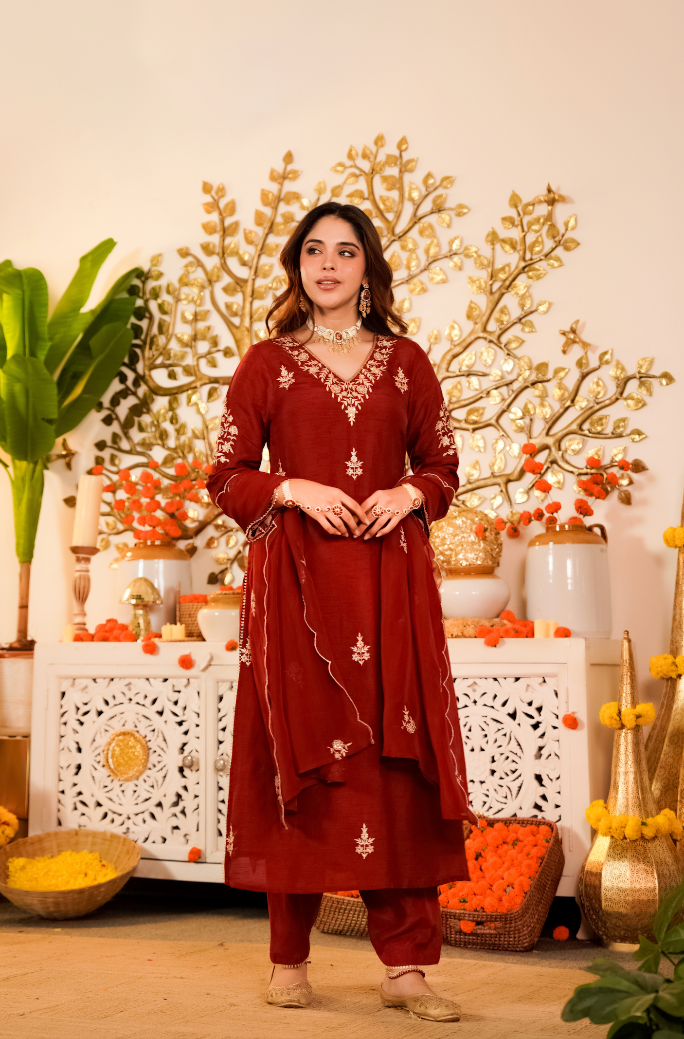 Crimson Pure Russian Silk Suit Set
