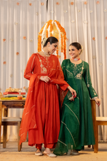 Emerald Russian Silk Embroidered Flared Suit Set