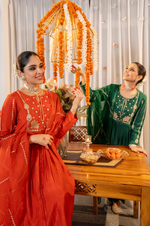 Emerald Russian Silk Embroidered Flared Suit Set