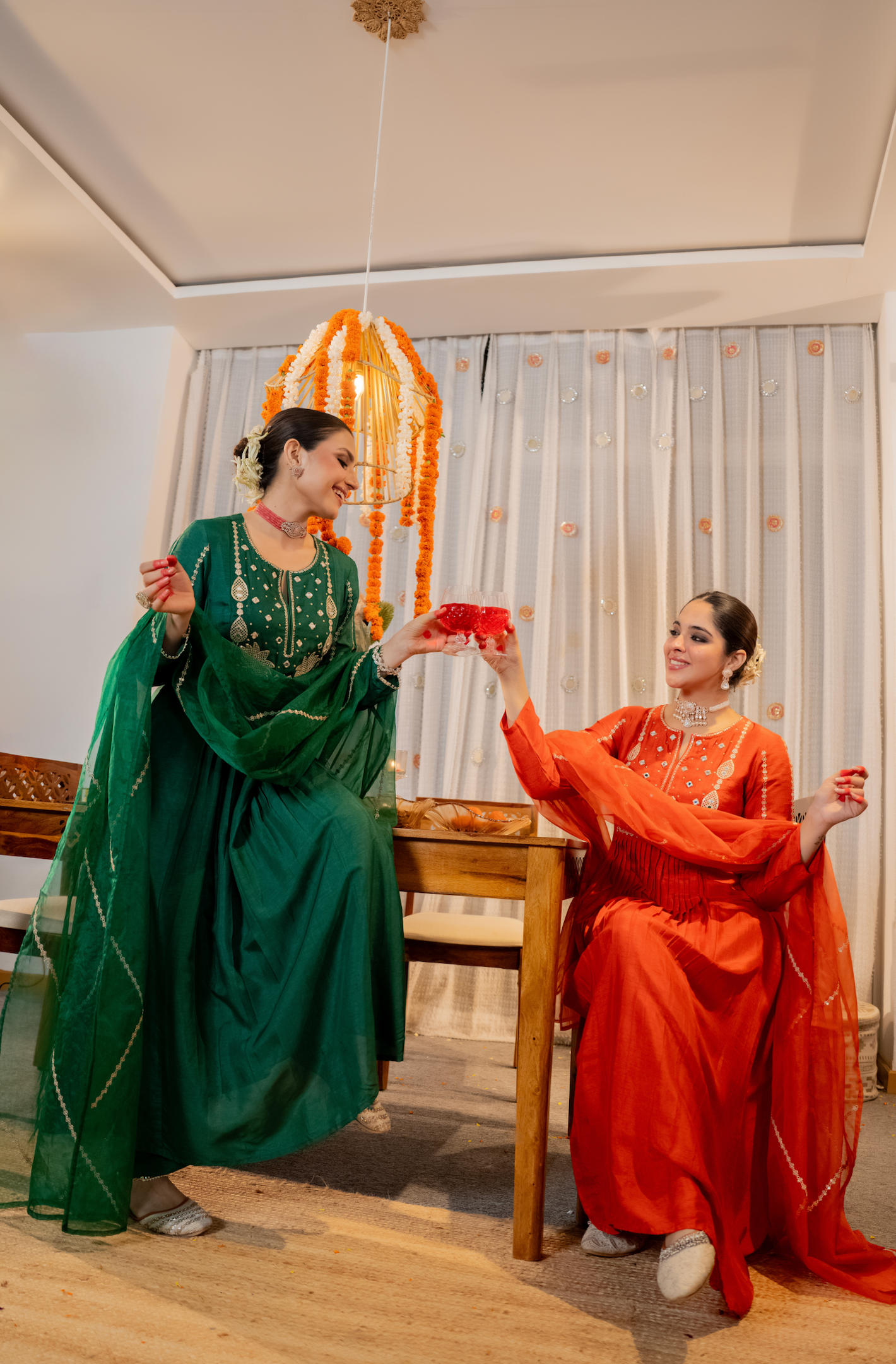 Emerald Russian Silk Embroidered Flared Suit Set
