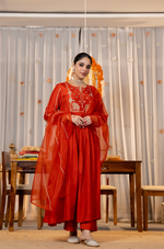 Ruby Russian Silk Embroidered Flared Suit Set