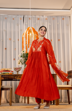 Ruby Russian Silk Embroidered Flared Suit Set