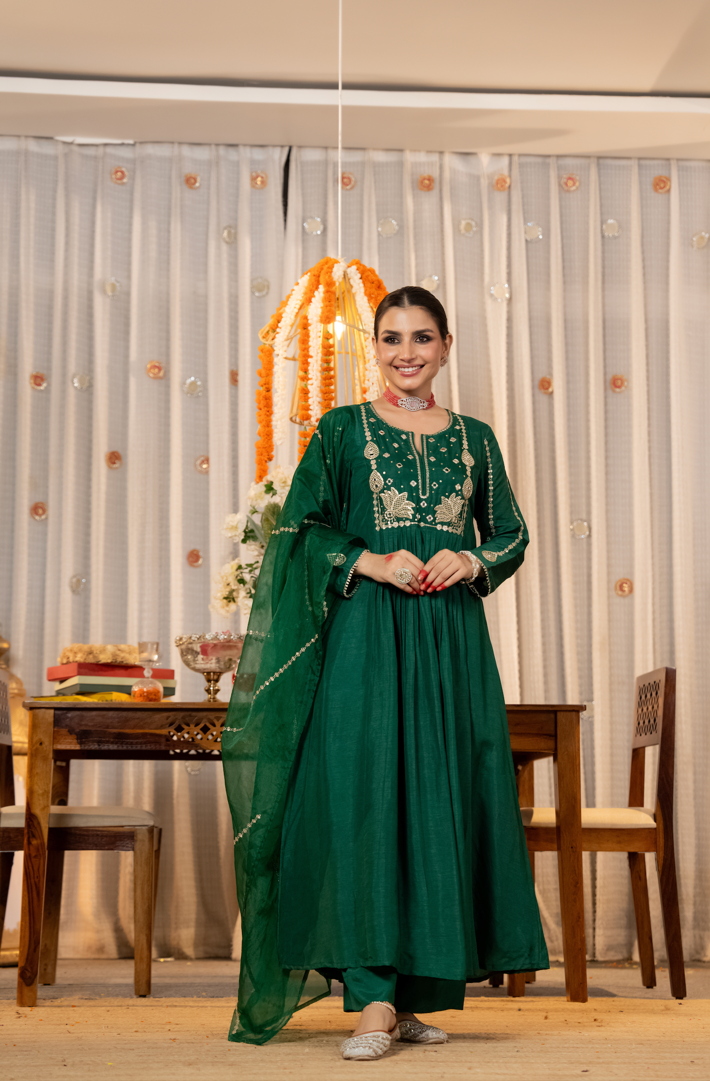 Emerald Russian Silk Embroidered Flared Suit Set