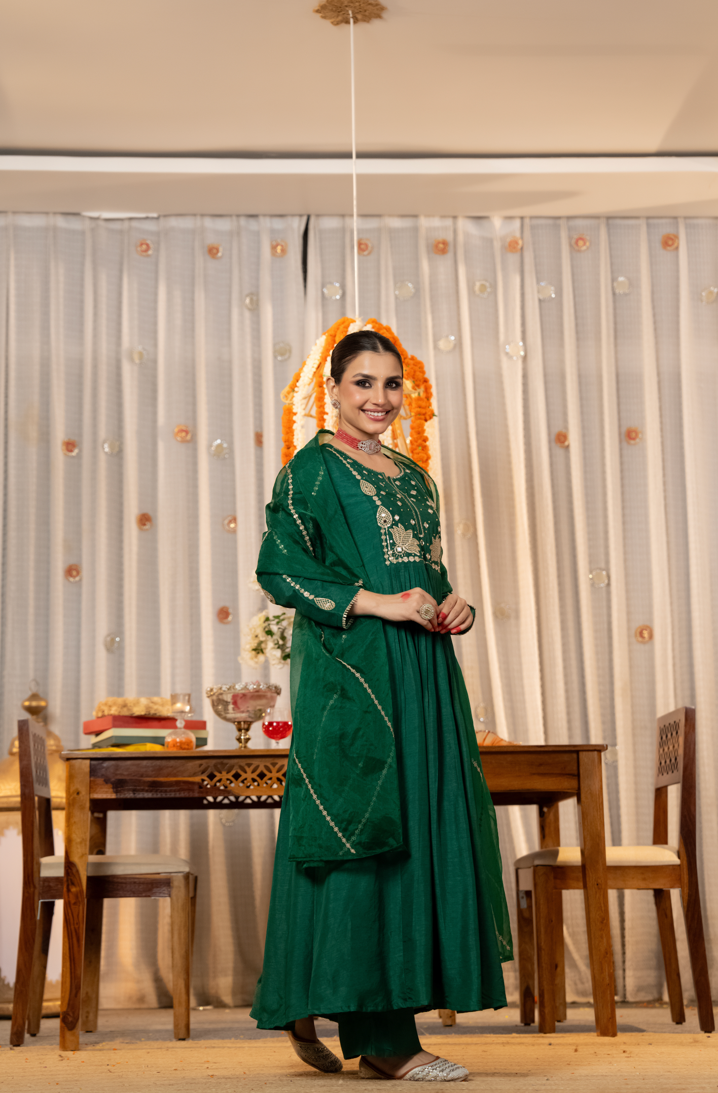 Emerald Russian Silk Embroidered Flared Suit Set