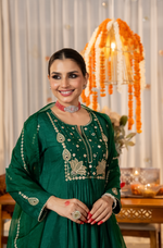 Emerald Russian Silk Embroidered Flared Suit Set