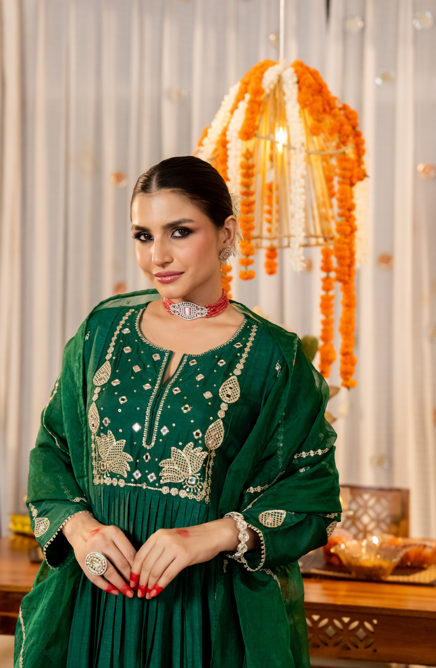 Emerald Russian Silk Embroidered Flared Suit Set