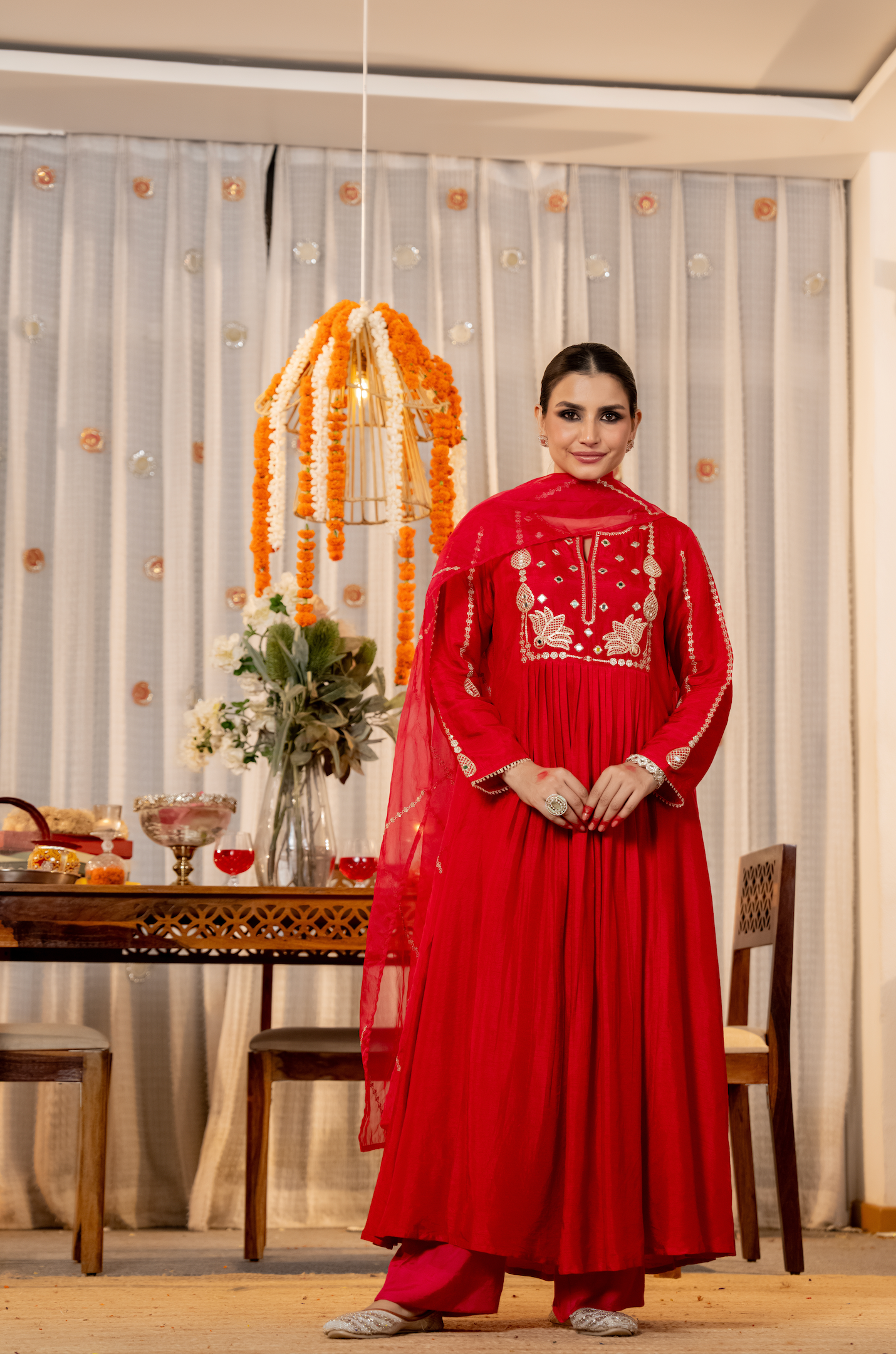 Pink Russian Silk Embroidered Flared Suit Set