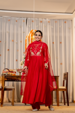 Pink Russian Silk Embroidered Flared Suit Set