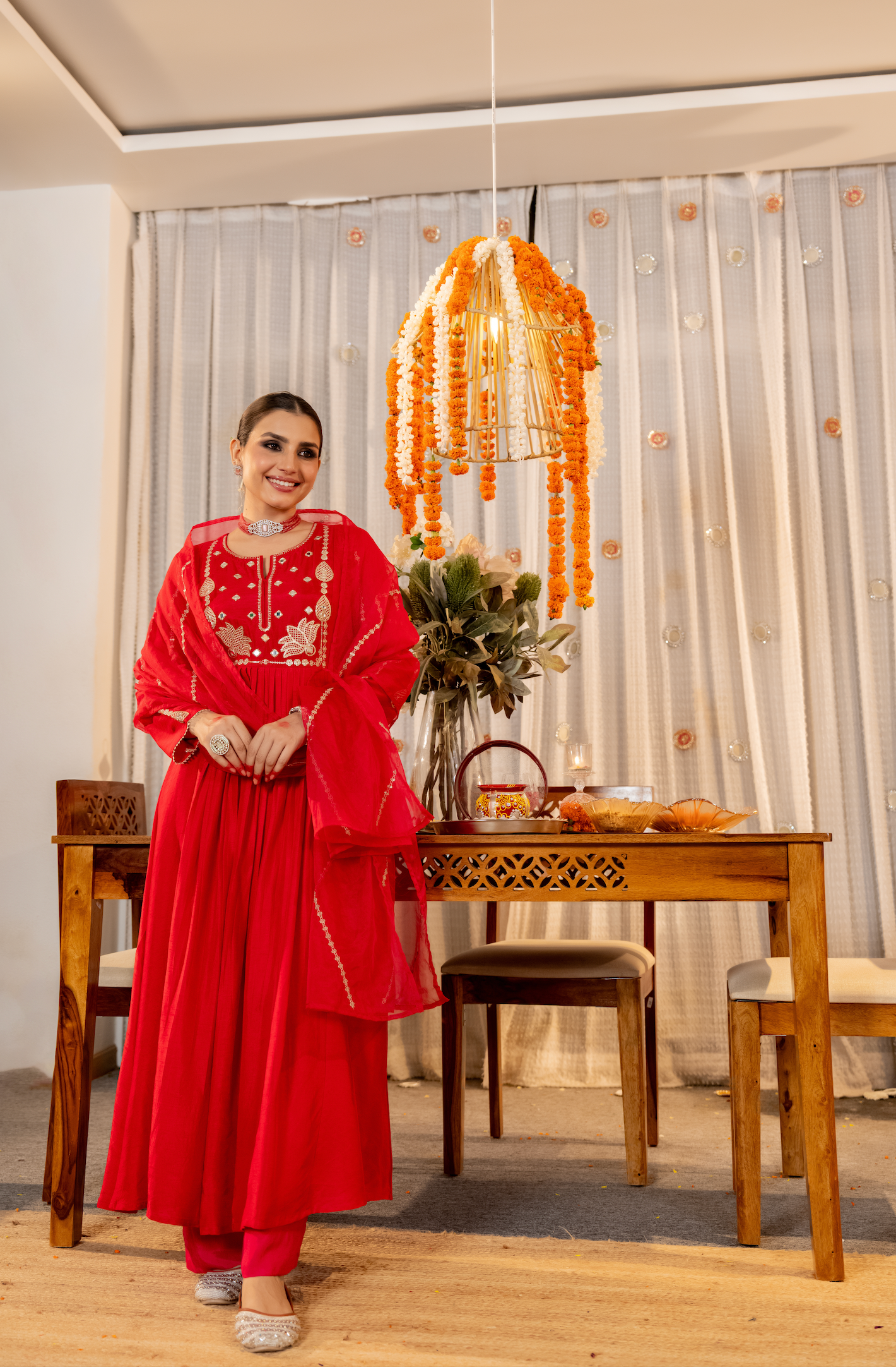 Pink Russian Silk Embroidered Flared Suit Set