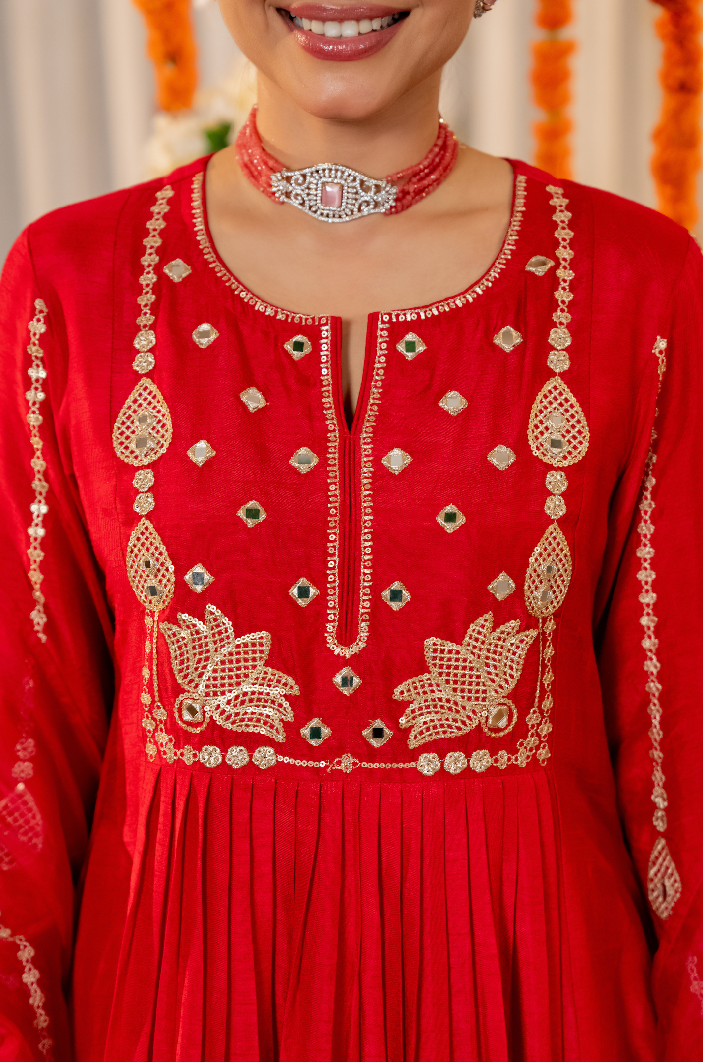 Pink Russian Silk Embroidered Flared Suit Set