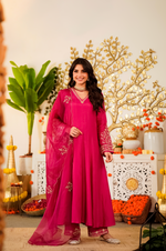 Ruby Russian Silk  Embroidered Suit Set