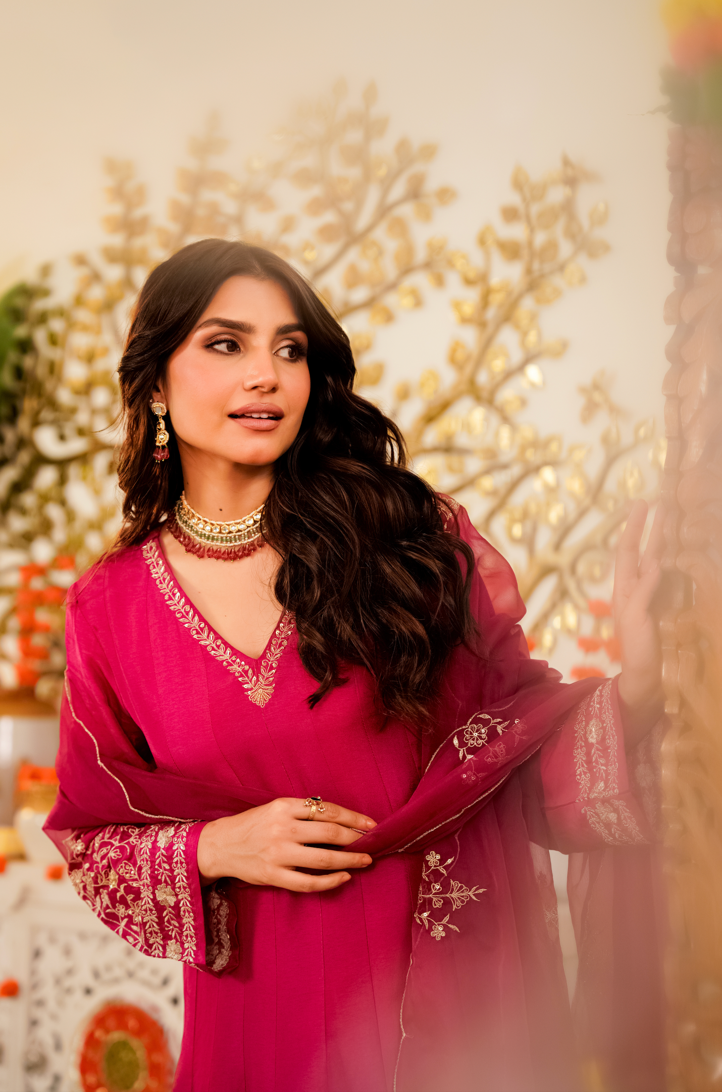 Ruby Russian Silk  Embroidered Suit Set