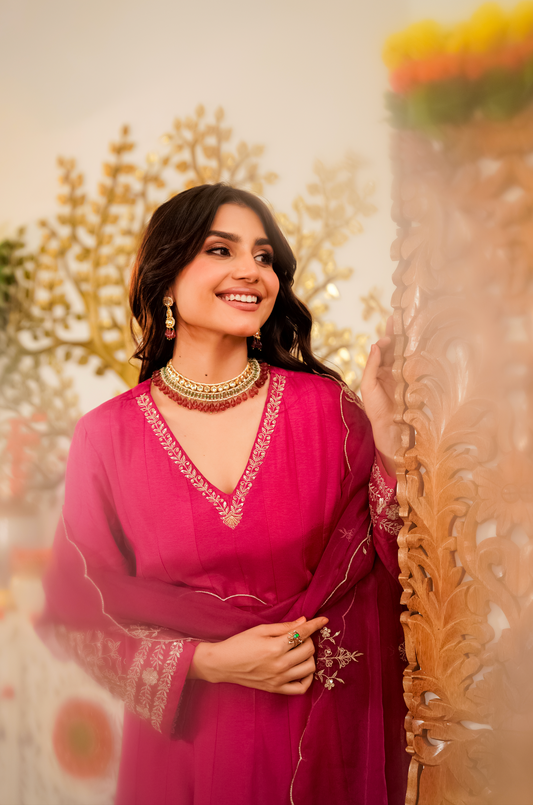 Ruby Russian Silk  Embroidered Suit Set
