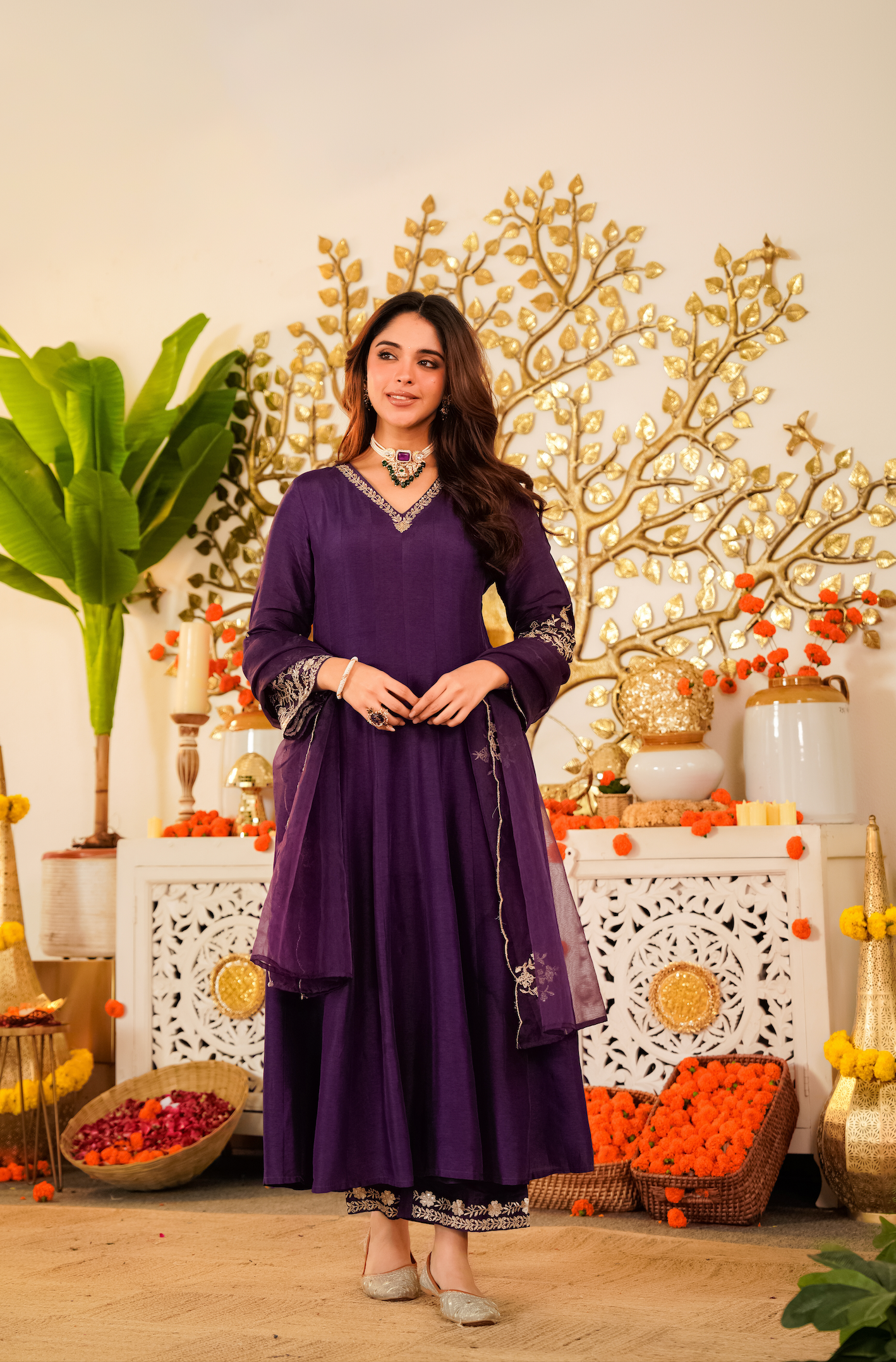 Amethyst Russian Silk  Embroidered Suit Set